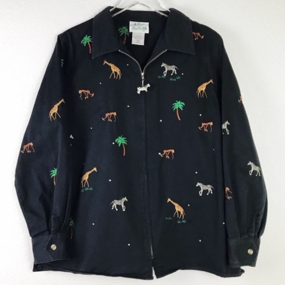 VTG Quaker Factory Black Full Zip Giraffe Zebra Monkey Jacket Women's 1X Plus